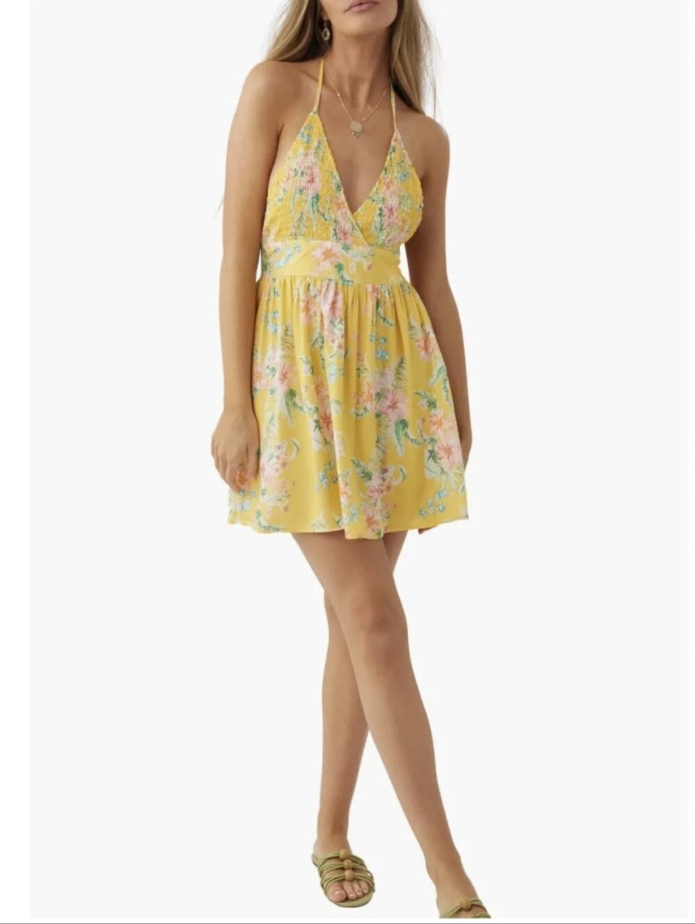 O'NEILL Beatrice Yellow Floral V-Neck Halter Mini Sun Dress Large